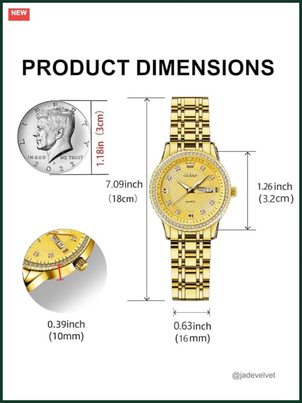 Small Gold Stainless Steel Womens Watch Day Date Luminous Diamond Bezel
